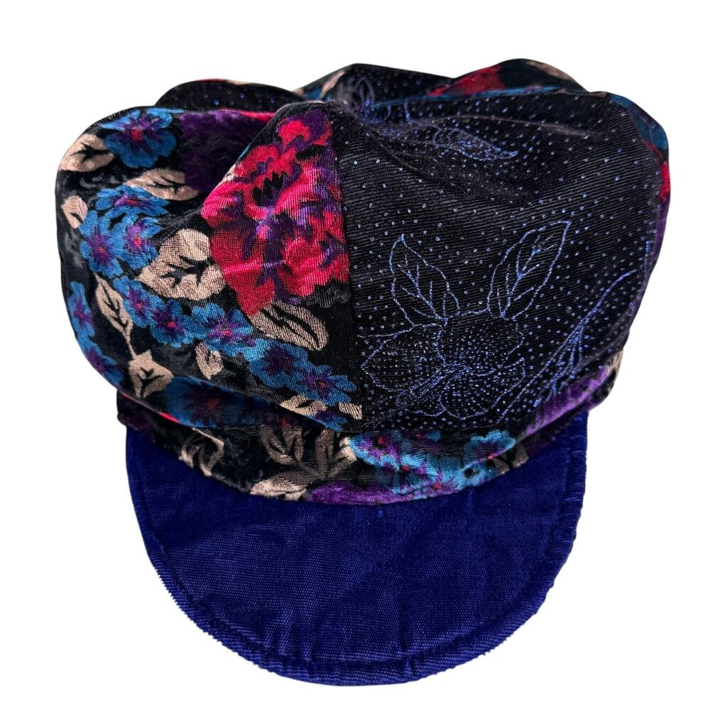 Vintage 90s Venetian Paradise Reversible Velvet Jewel Tone Floral Newsboy Hat